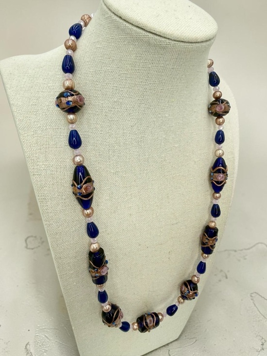 Piperplay Jewelry - Venetian Wedding Cake Bead Necklace Blue Jade Genuine Pearl Pink Crystal 20”